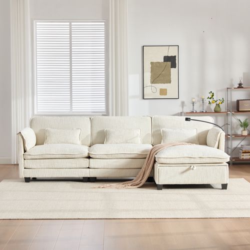 Canapé D'angle 3 Places 279x83x85 Cm, Tissu Chenille Beige, Port USB Et Pouf De Rangement