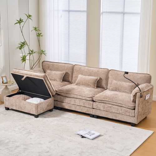 Canapé D'angle 3 Places 279×83×85 Cm Chenille Kaki, Ports USB Et Pouf De Rangement