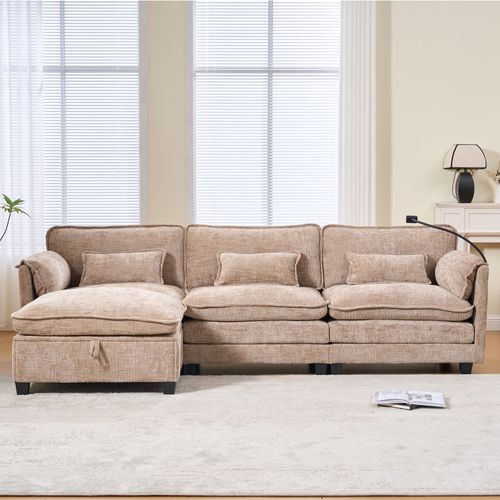 Canapé D'angle 3 Places 279×83×85 Cm Chenille Kaki, Ports USB Et Pouf De Rangement