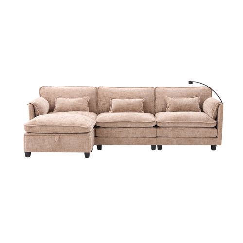 Canapé D'angle 3 Places 279×83×85 Cm Chenille Kaki, Ports USB Et Pouf De Rangement