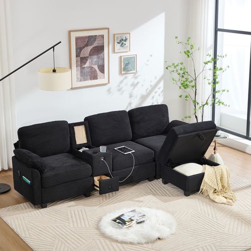 Canapé D'angle 3 Places Velours Côtelé Noir, Console Amovible, Ports USB, Pouf Coffre Et Tiroir