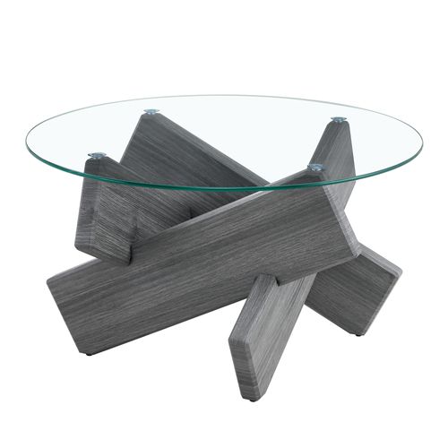 Table Basse Ronde 79 Cm, Plateau Verre Trempé 0,8 Cm, Piètement Croisé Bois Gris
