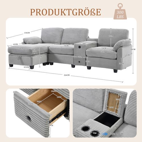 Canapé D'angle 3 Places Velours Côtelé Gris Clair, Console Amovible, Ports USB, Pouf Et Rangement