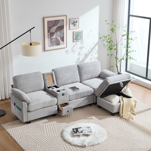 Canapé D'angle 3 Places Velours Côtelé Gris Clair, Console Amovible, Ports USB, Pouf Et Rangement