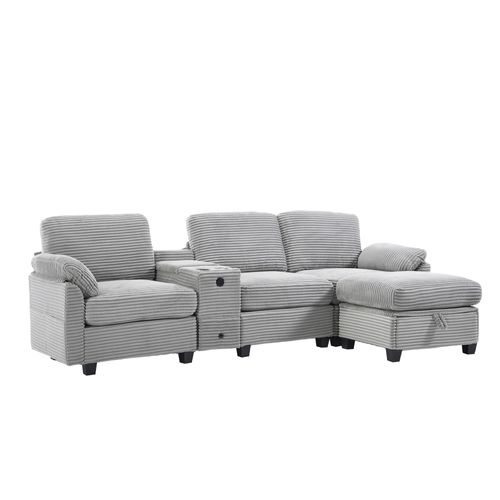 Canapé D'angle 3 Places Velours Côtelé Gris Clair, Console Amovible, Ports USB, Pouf Et Rangement