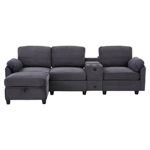 Canapé D'angle 3 Places Velours Côtelé Gris Foncé, Console Amovible, Ports USB, Pouf Et Rangement