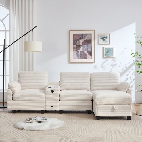 Canapé D'angle 3 Places Velours Côtelé Beige, Console Amovible, Ports USB, Pouf Coffre Et Tiroir