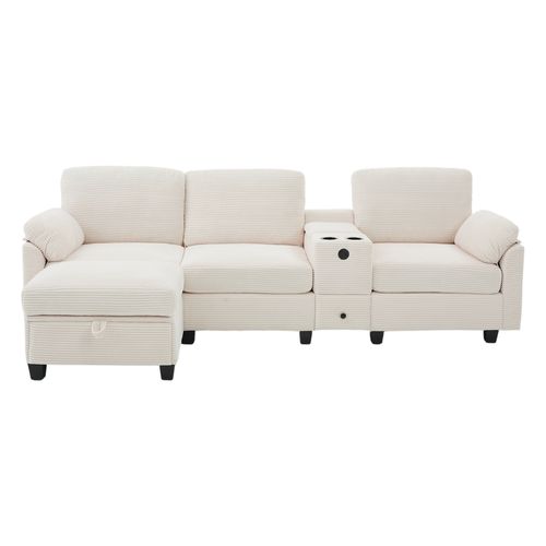 Canapé D'angle 3 Places Velours Côtelé Beige, Console Amovible, Ports USB, Pouf Coffre Et Tiroir