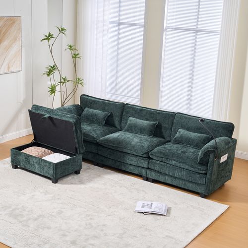 Canapé D'angle 3 Places En Chenille Émeraude, Ports USB, Poche Latérale Et Pouf De Rangement
