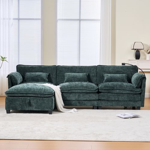 Canapé D'angle 3 Places En Chenille Émeraude, Ports USB, Poche Latérale Et Pouf De Rangement