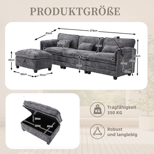 Canapé D'angle 3 Places En Chenille Gris Avec Ports USB, Poche Latérale, Pouf Rangement