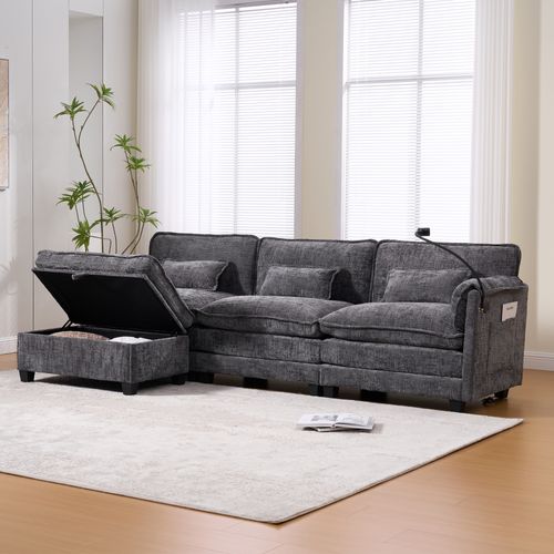 Canapé D'angle 3 Places En Chenille Gris Avec Ports USB, Poche Latérale, Pouf Rangement