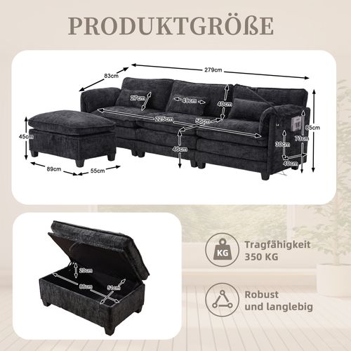 Canapé D'angle 3 Places Avec Ports USB, Pouf De Rangement Et Poche Latérale, Chenille Noir