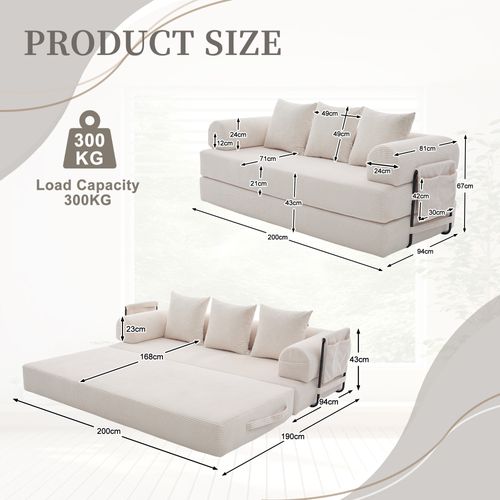 Canapé Convertible 3 Places Modulable 200 Cm, Velours Côtelé Beige, 3 Coussins Et Poche Latérale