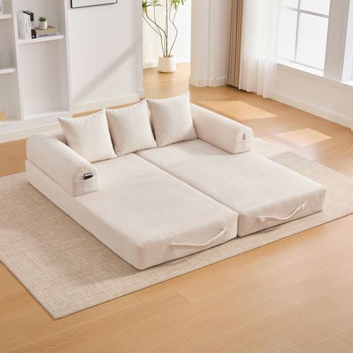 Canapé Convertible 3 Places Modulable 200 Cm, Velours Côtelé Beige, 3 Coussins Et Poche Latérale
