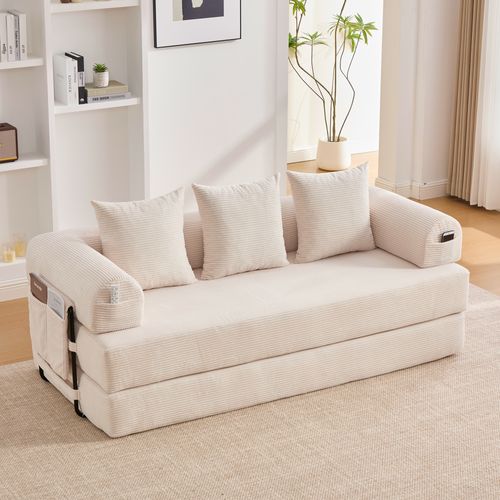 Canapé Convertible 3 Places Modulable 200 Cm, Velours Côtelé Beige, 3 Coussins Et Poche Latérale