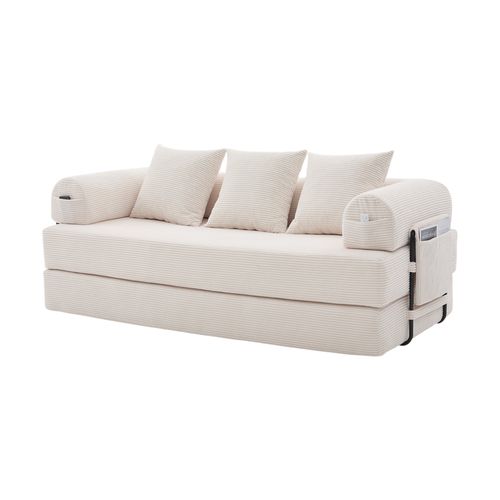 Canapé Convertible 3 Places Modulable 200 Cm, Velours Côtelé Beige, 3 Coussins Et Poche Latérale