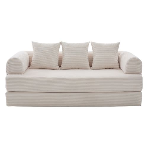 Canapé Convertible 3 Places Modulable 200 Cm, Velours Côtelé Beige, 3 Coussins Et Poche Latérale