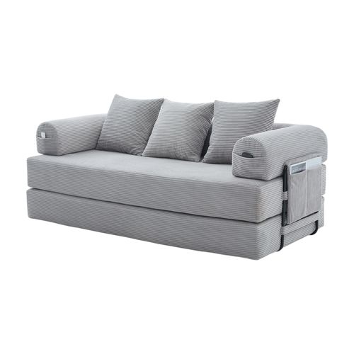 Canapé Convertible 3 Places Modulable 200 Cm, Velours Côtelé Gris Clair, Coussins Et Poche Latérale