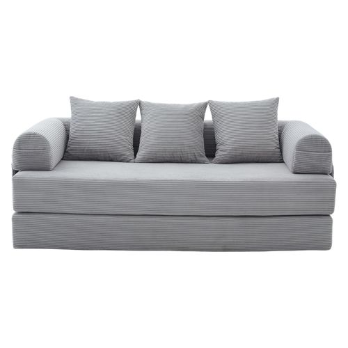 Canapé Convertible 3 Places Modulable 200 Cm, Velours Côtelé Gris Clair, Coussins Et Poche Latérale