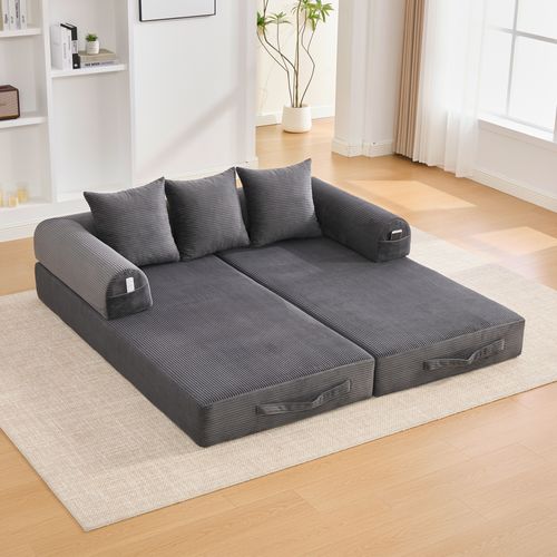 Canapé Convertible 3 Places Modulable 200 Cm, Velours Côtelé Gris Foncé, Coussins Et Poche Latérale