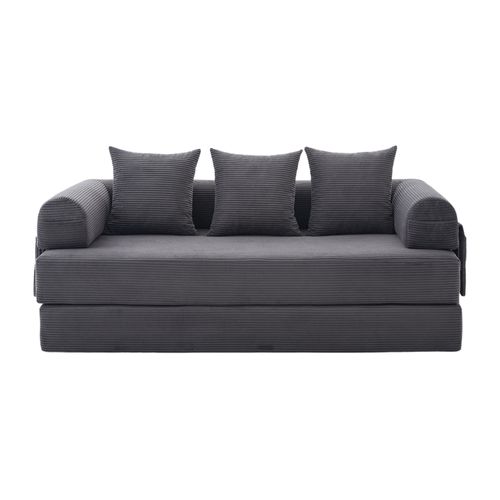 Canapé Convertible 3 Places Modulable 200 Cm, Velours Côtelé Gris Foncé, Coussins Et Poche Latérale