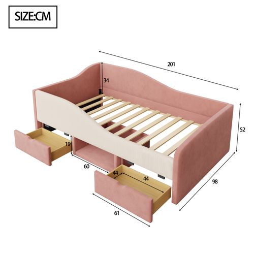 Lit Enfant 90x190 Cm Velours Rose Et Crème Avec 2 Tiroirs Et Sommier à Lattes