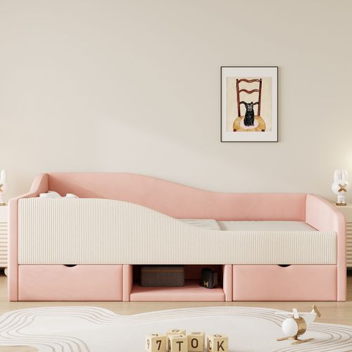 Lit Enfant 90x190 Cm Velours Rose Et Crème Avec 2 Tiroirs Et Sommier à Lattes