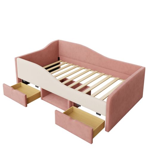 Lit Enfant 90x190 Cm Velours Rose Et Crème Avec 2 Tiroirs Et Sommier à Lattes