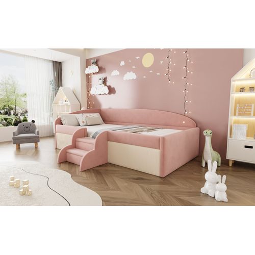 Lit Enfant 90x190 Cm En Velours Rose Et Blanc Crème Avec Barrières Et Marches Antidérapantes
