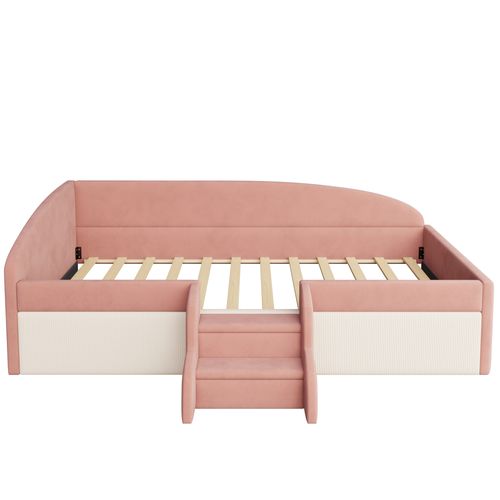 Lit Enfant 90x190 Cm En Velours Rose Et Blanc Crème Avec Barrières Et Marches Antidérapantes