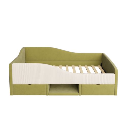Lit Enfant 90x190 Cm Velours Vert Foncé Et Ivoire, 2 Tiroirs De Rangement Et Barrières De Sécurité