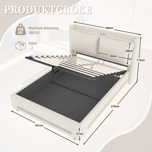 Lit Adulte Coffre 160x200 Cm LED Avec Rangement Hydraulique Et Ports USB-c, Lin Beige