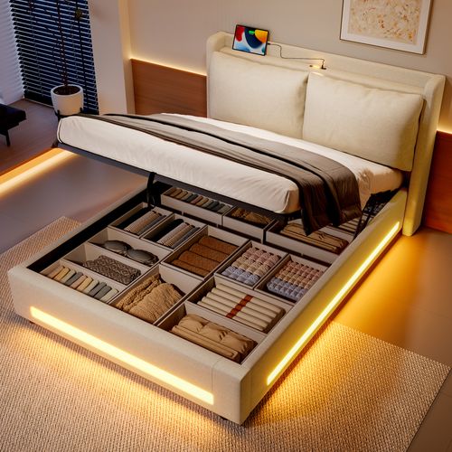 Lit Adulte Coffre 160x200 Cm LED Avec Rangement Hydraulique Et Ports USB-c, Lin Beige