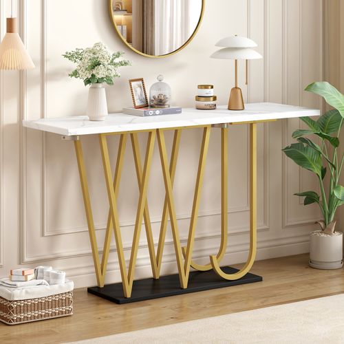 Table Console D'entrée 120x29,5x80 Cm, Plateau Effet Marbre Blanc, Pieds Métal Doré