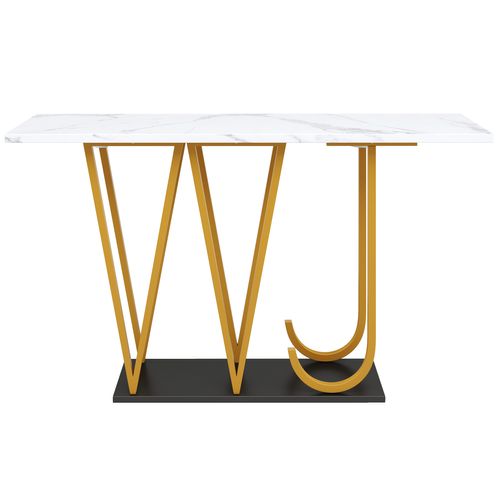 Table Console D'entrée 120x29,5x80 Cm, Plateau Effet Marbre Blanc, Pieds Métal Doré