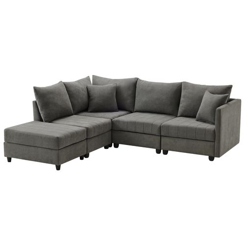 Canapé D'angle 5 Places 220x194x85 Cm Avec Pouf, Tissu Coton Et Lin Gris