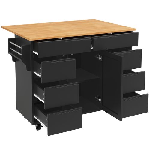 Desserte De Cuisine 122x46x91,5 Cm Avec 8 Tiroirs, Plateau Rabattable Et Roulettes - Noir