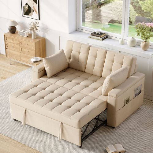 Canapé Convertible 2 Places, Accoudoirs Avec Rangements, Table Et Porte-gobelet, Coton Lin Beige