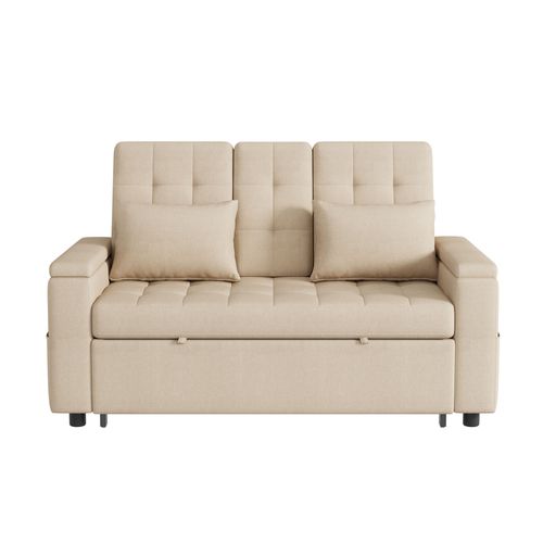 Canapé Convertible 2 Places, Accoudoirs Avec Rangements, Table Et Porte-gobelet, Coton Lin Beige