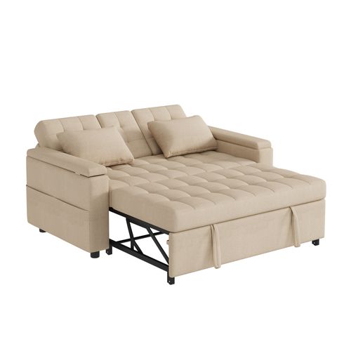 Canapé Convertible 2 Places, Accoudoirs Avec Rangements, Table Et Porte-gobelet, Coton Lin Beige