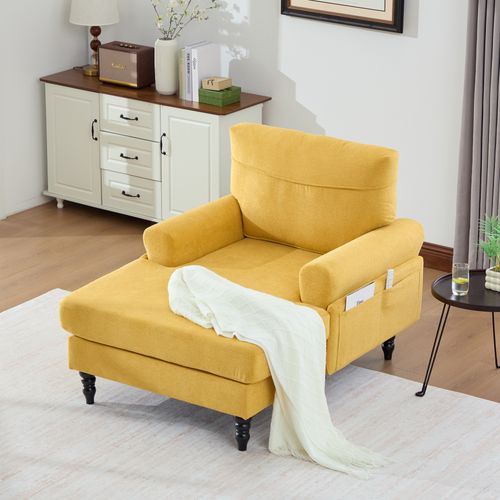 Fauteuil Relax En Chenille Jaune Moutarde Avec Poches Latérales 125,5x97x86 Cm