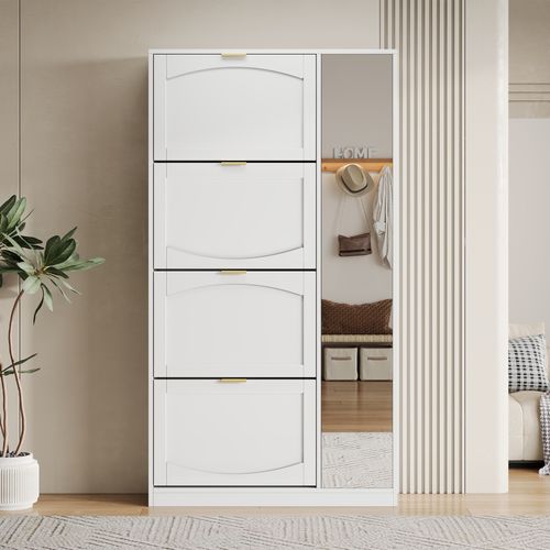 Meuble à Chaussures 80x147x24 Cm Blanc Avec Miroir, 4 Compartiments Rabattables Et Étagère Réglable
