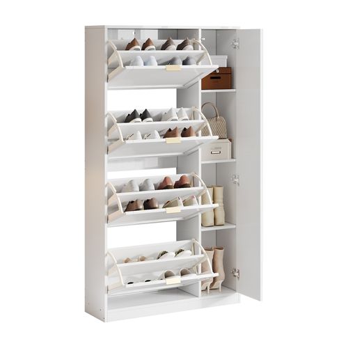 Meuble à Chaussures 80x147x24 Cm Blanc Avec Miroir, 4 Compartiments Rabattables Et Étagère Réglable