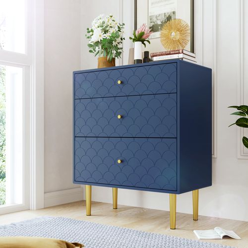 Commode Salon Et Chambre Avec 3 Tiroirs 75x40x89 Cm, Métal, Bleu Marine