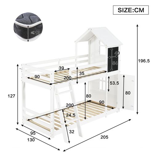 Lit Superposé Enfant 90x200 Cm Cabane En Pin Blanc Avec Échelle 3 Marches Et Sommier à Lattes