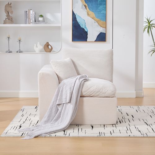 Fauteuil 1 Place Velours Côtelé Beige, Confort Mousse Haute Élasticité (101×102,5×84 Cm)