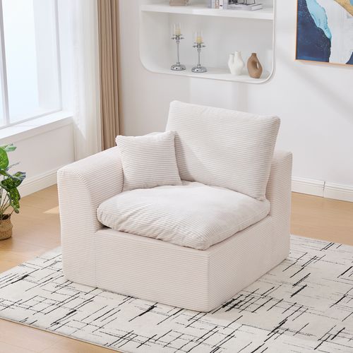 Fauteuil 1 Place Velours Côtelé Beige, Confort Mousse Haute Élasticité (101×102,5×84 Cm)