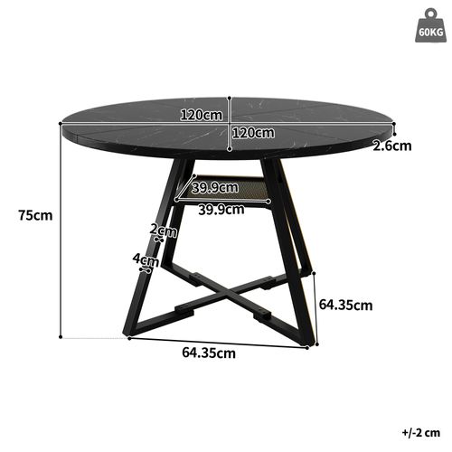Table à Manger Ronde Noire 120 Cm, Plateau Effet Marbre, Pieds Métal Noir, Avec Rangements
