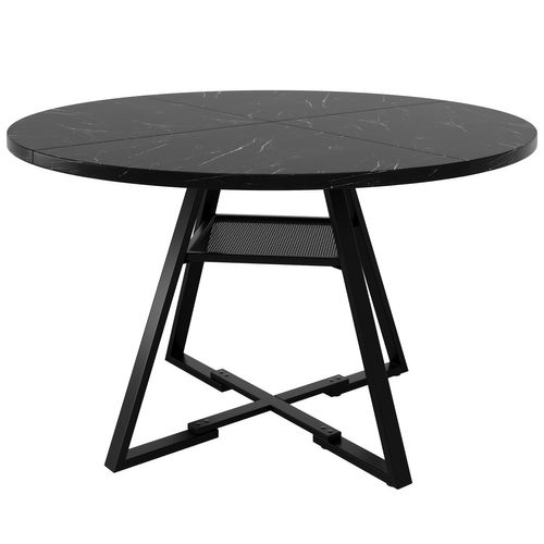 Table à Manger Ronde Noire 120 Cm, Plateau Effet Marbre, Pieds Métal Noir, Avec Rangements